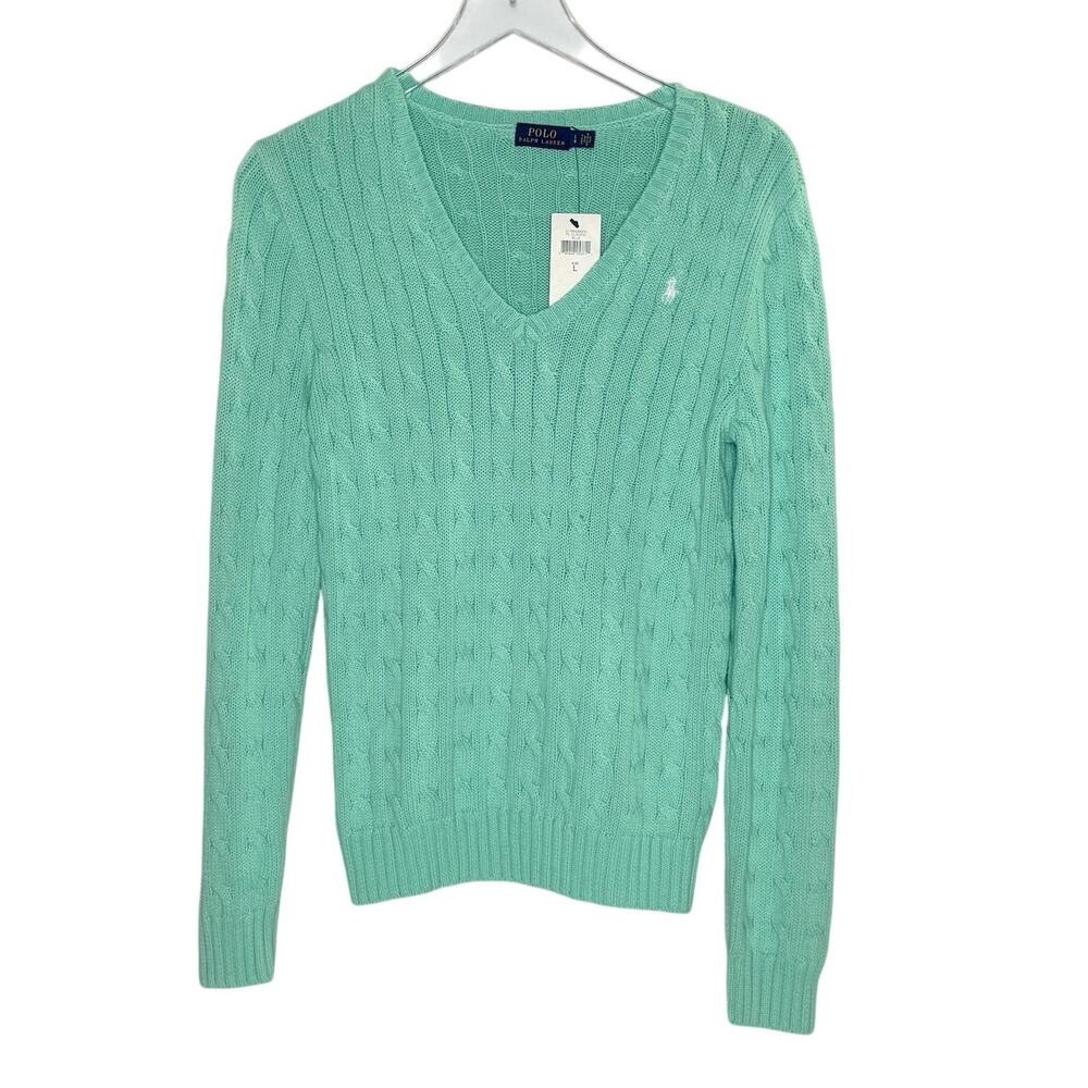 Polo Ralph Lauren Cable Knit V-neck Cotton Sweater L NEW Mint Green Preppy